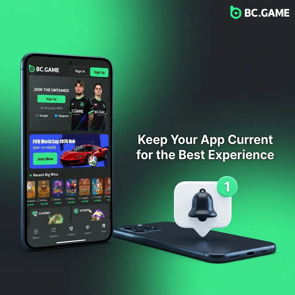 BC Game app update screen showing latest version with security patches, new games, and payment options available