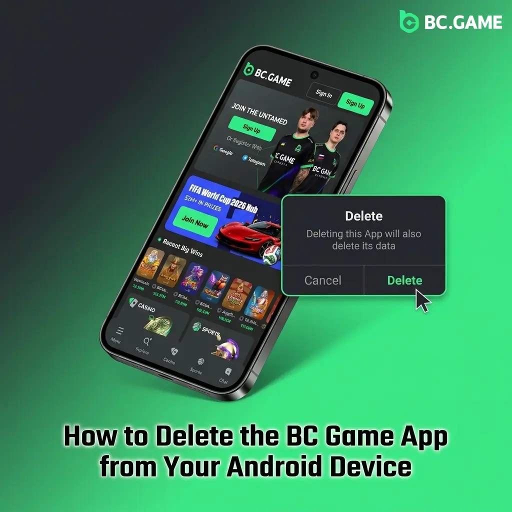 Android device Settings menu showing BC Game app uninstall option in Application Manager