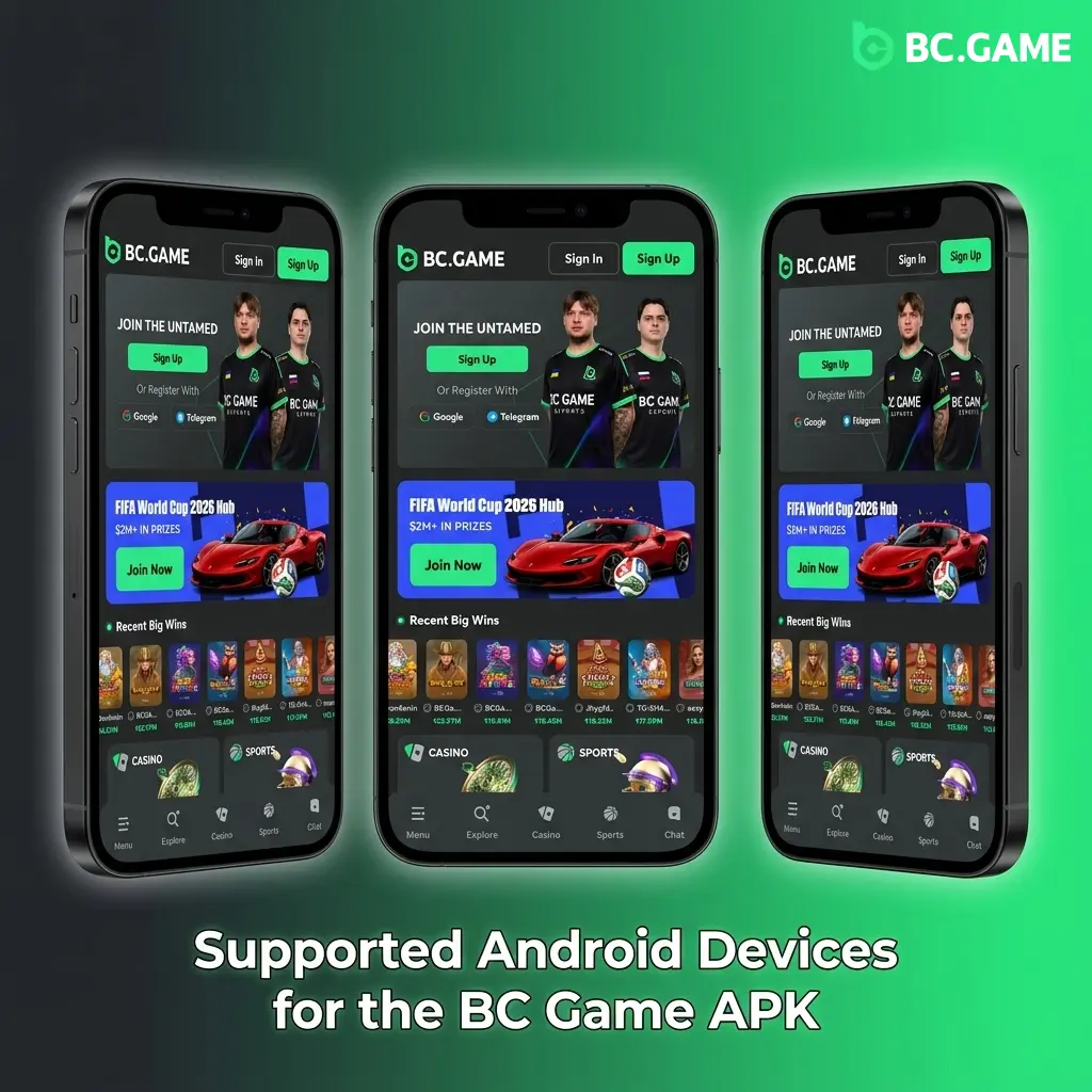 BC Game APK compatible Android devices table showing supported brands like Samsung, Sony, OnePlus, Xiaomi for India